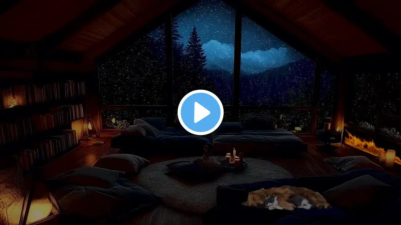 Grand Fireplace & Thunderstorm Night | Cozy Rain, Loft & Sleeping Pets