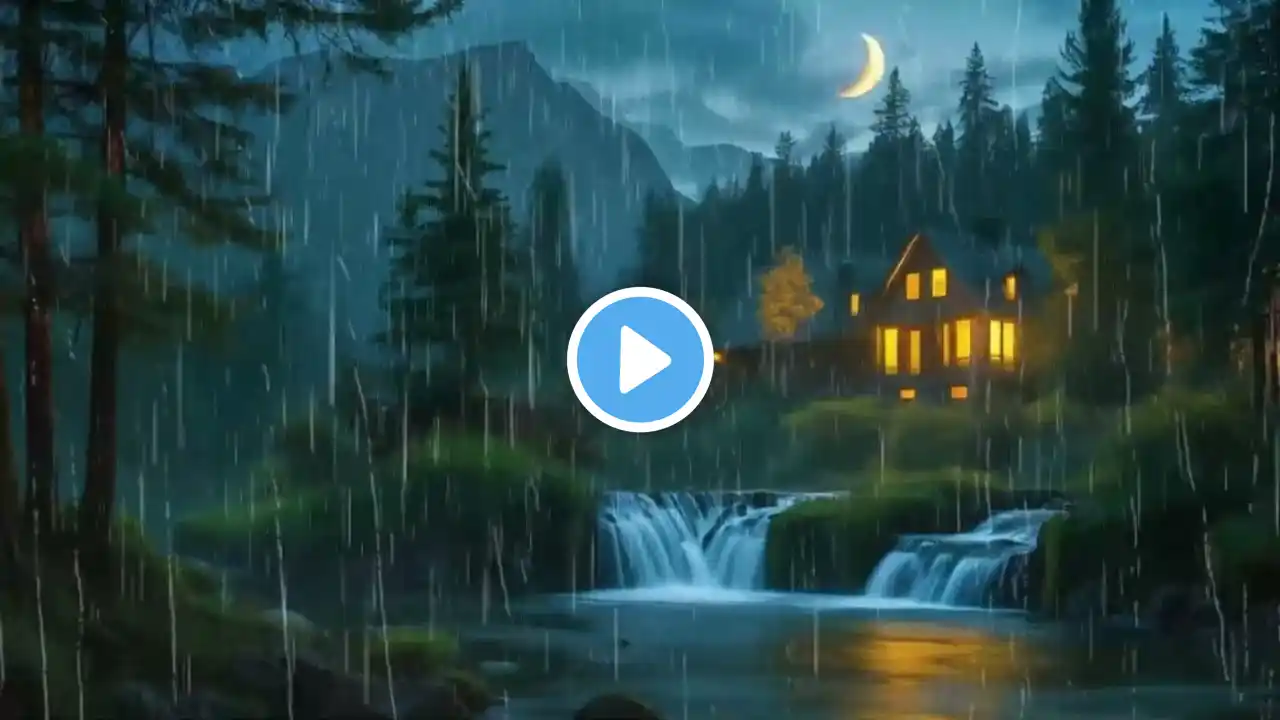 Experience the soothing sounds of night rain falling on a cozy cabin in the woods