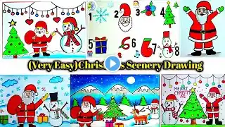 6 Christmas Scenery Drawing🎅🎄/Santa Claus Drawing/Snowman/christmas oil pastel drawing/Xmas Tree Art