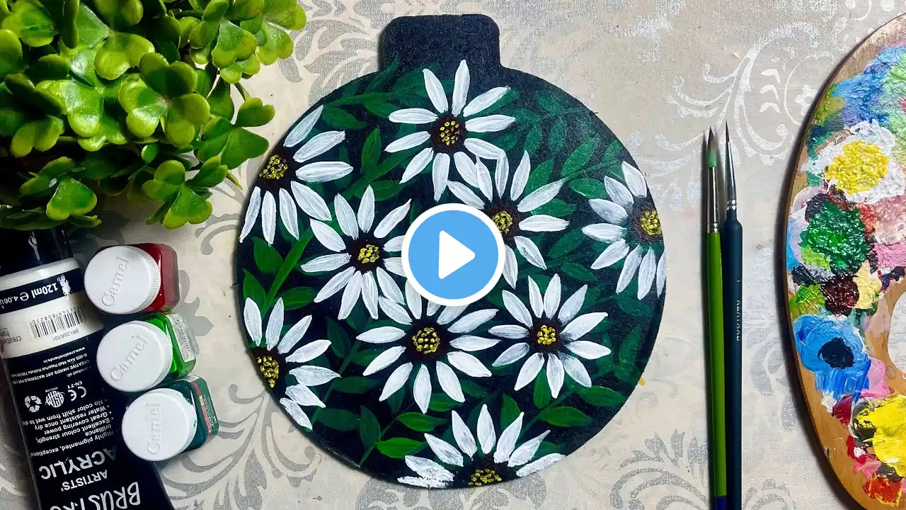 Flowers Painting For Beginners, White Flowers Painting On Black Canvas