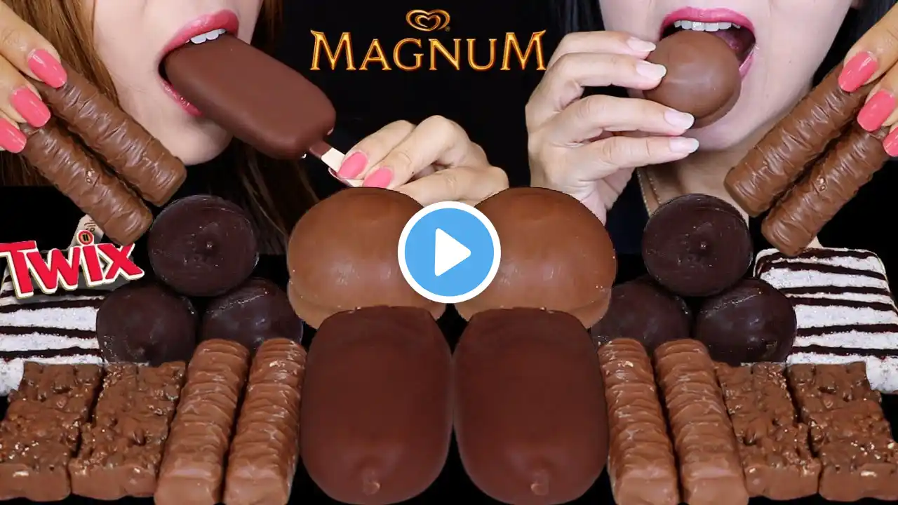 ASMR DOUBLE CHOCOLATE MAGNUM ICE CREAM BARS, TWIX COOKIES & CREME, MINI CHOCO CHIP ICE CREAM CONES먹방