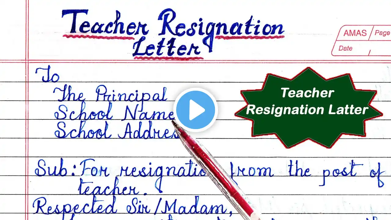 Resignation letter for teachers in English || Teacher resignation letter to principal