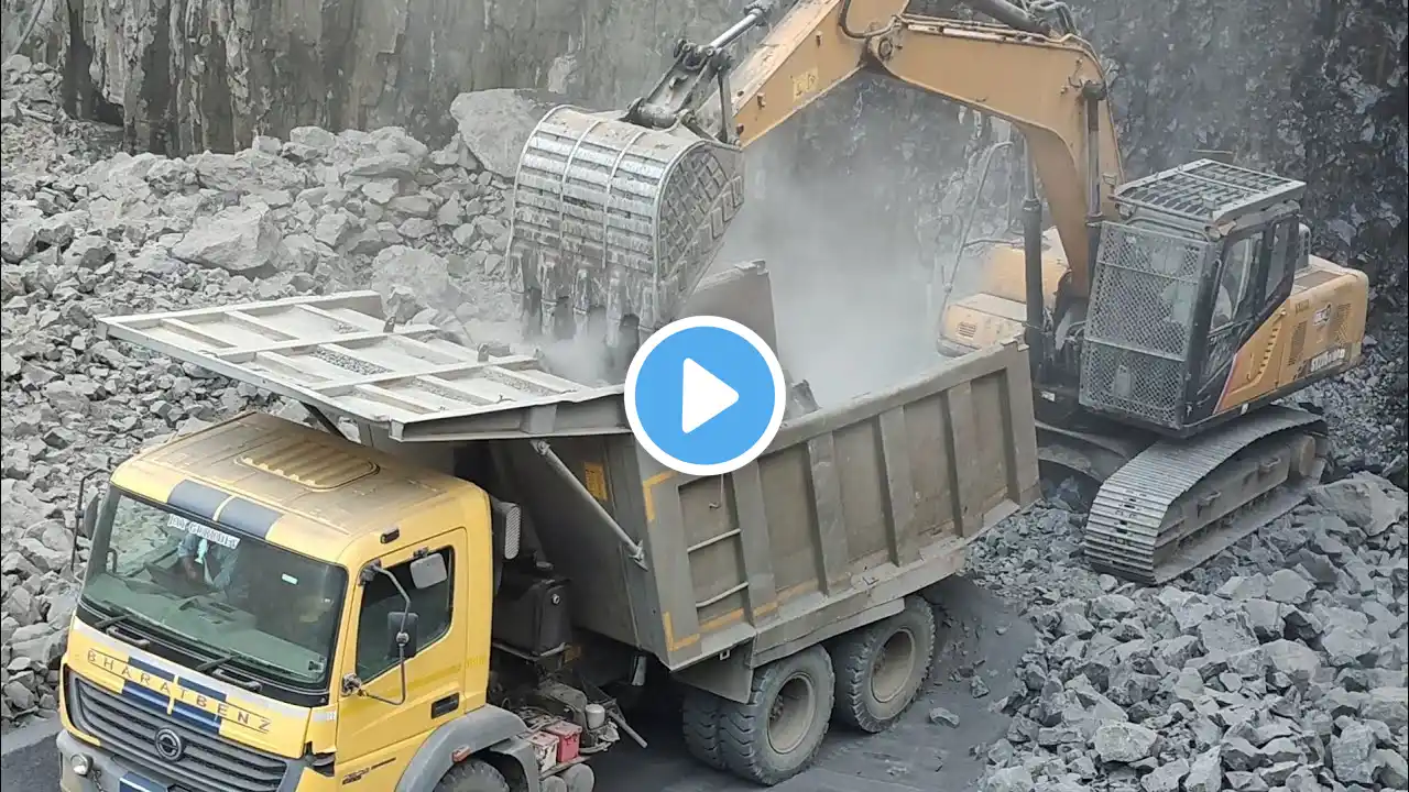 Bharat Benz loding and Sany excavator working ameging video quarry work#trending #excavator