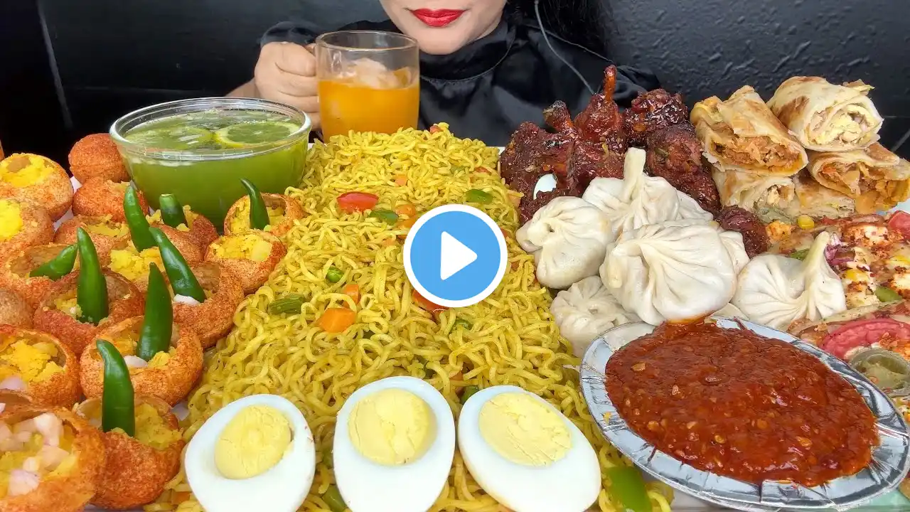 SPICY PANIPURI,MAGGI NOODLES,MOMO,EGG ROLLS,CHICKEN LOLLIPOP,VEG PIZZA,EGGS *ASMR EATING*