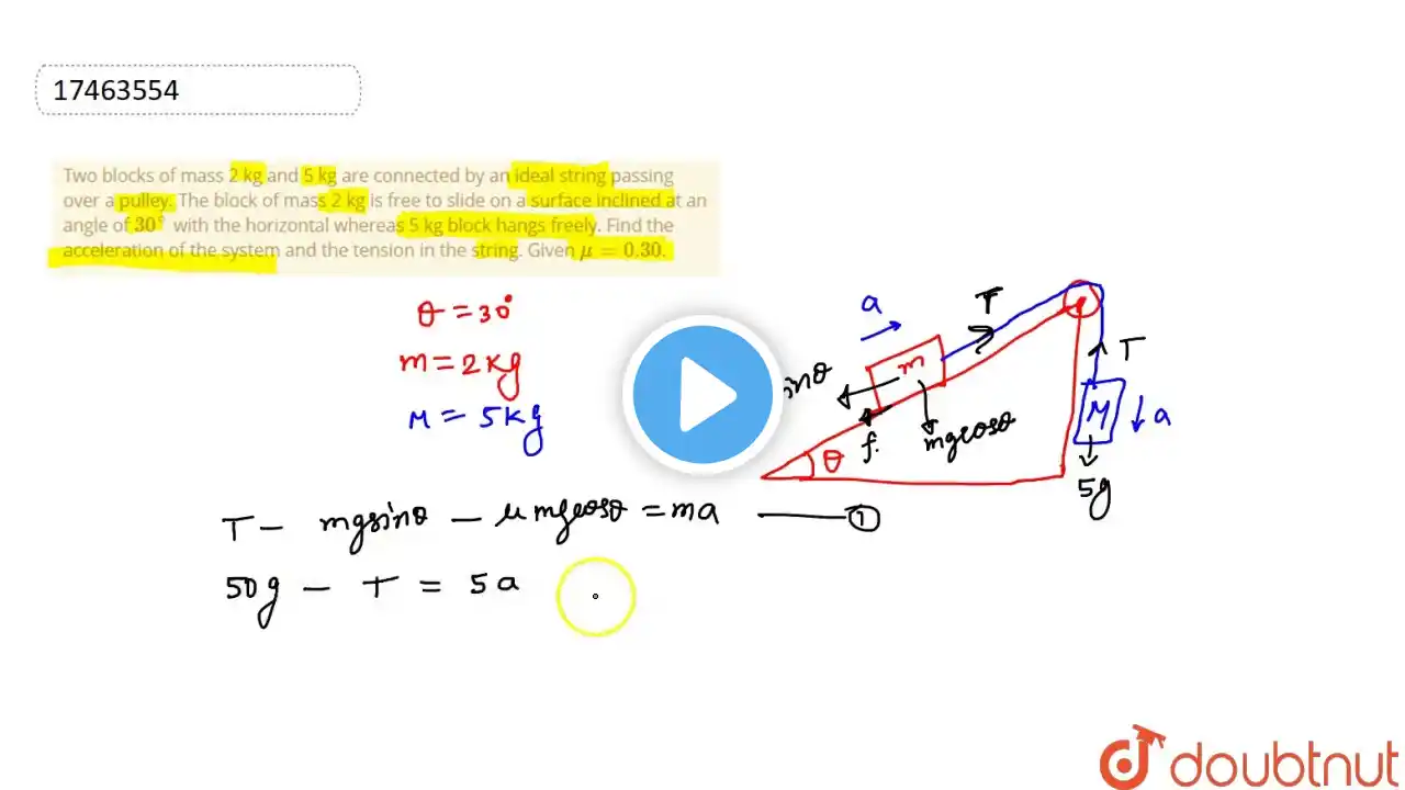 Two blocks of mass 2 kg and 5 kg are connected by an ideal string passing over a pulley.