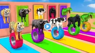 Paint & Animals Cow,Gorrila,Elephant,Pig,Lion,Rabbit,Tiger,Fountain Crossing Transformation Cartoon