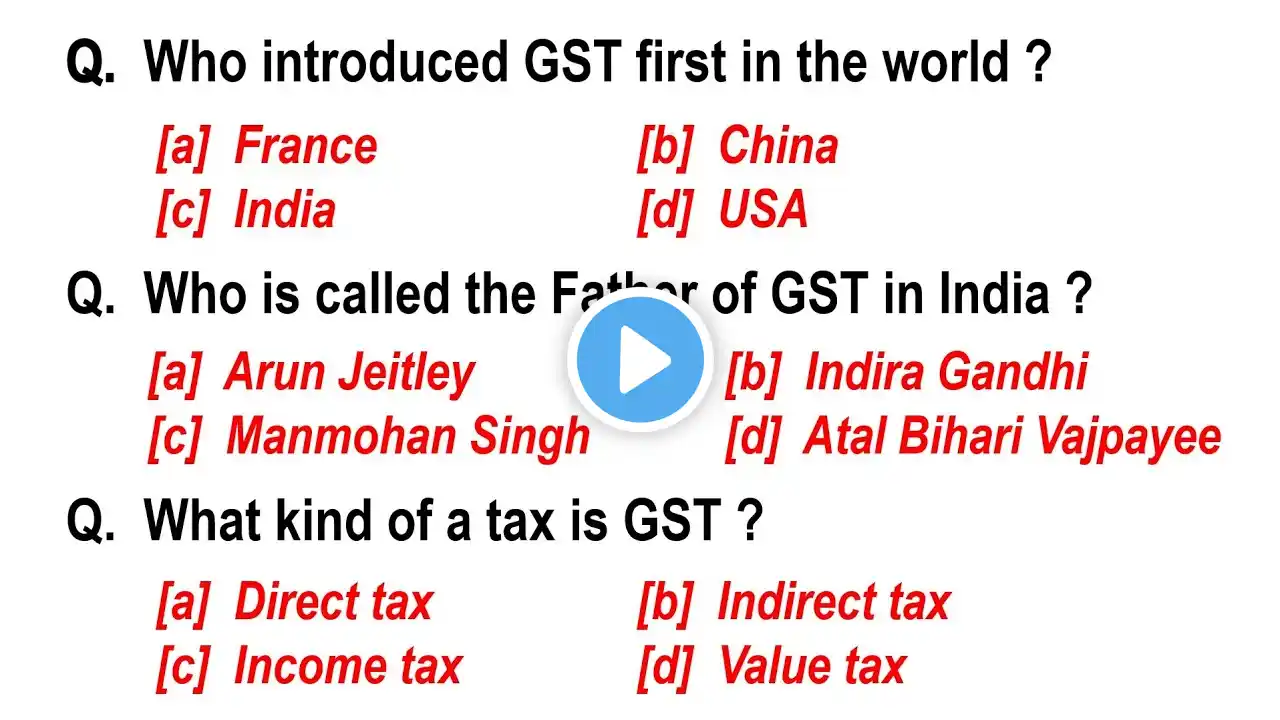 30 IMPORTANT GST MCQ || Goods and Services Tax MCQ