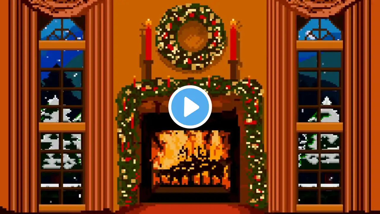 Snowy  Pixel Window & Fireplace with Soft Jazz Piano Ambience (1 Hour)