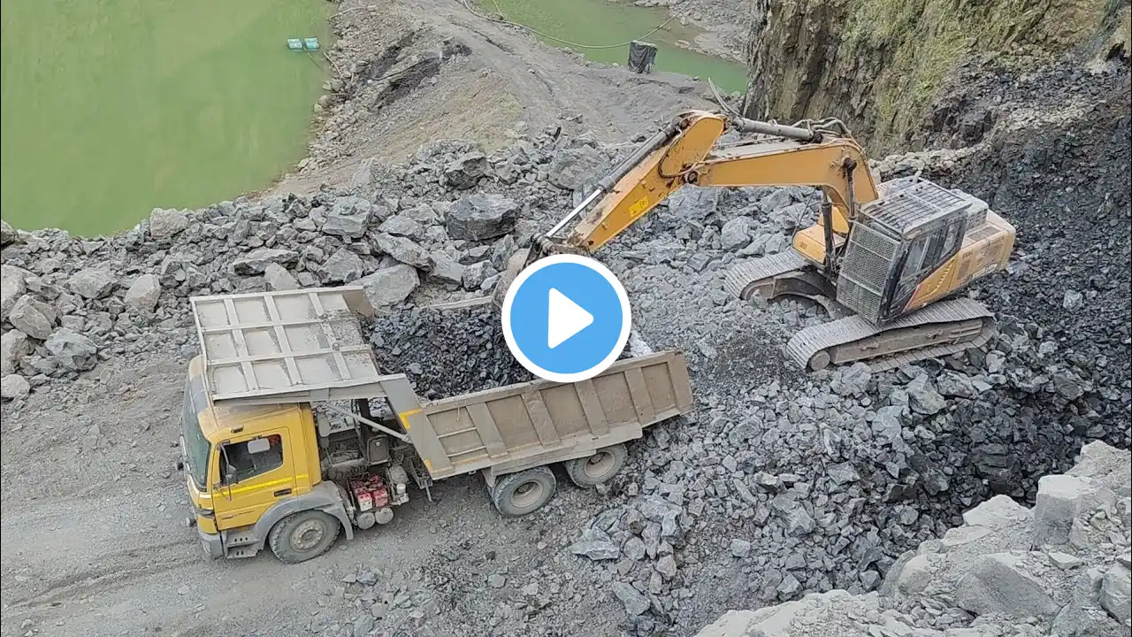 SANY machin225 and bharat benz loding truck driver ameging video quarry work