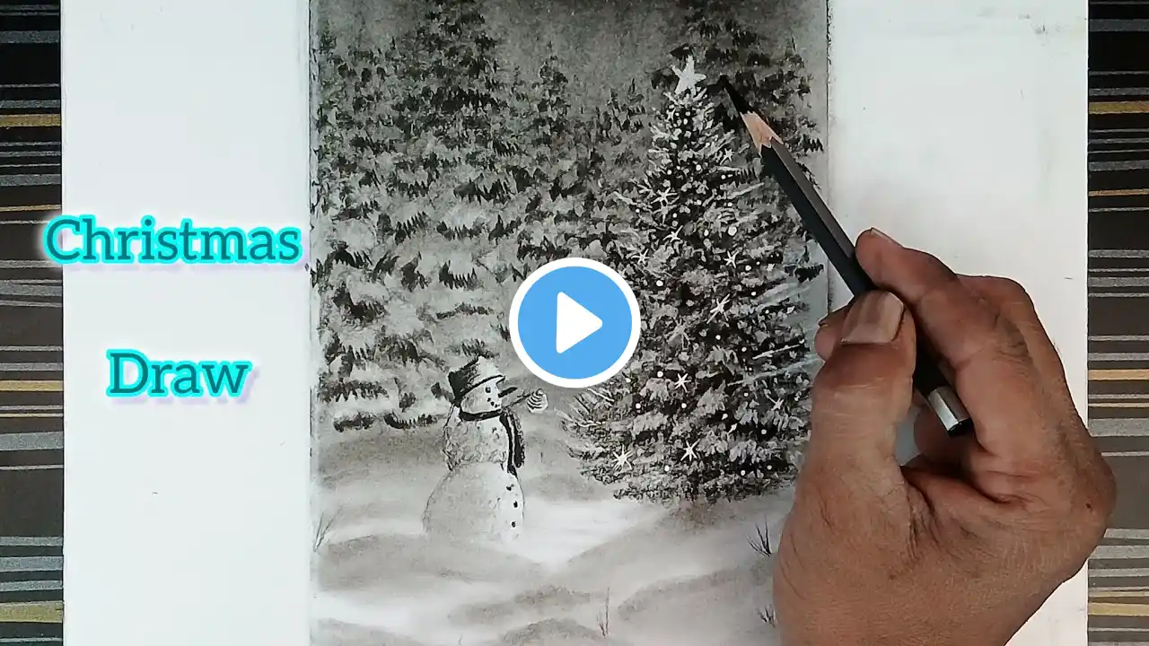 Christmas tree landscape drawing by pencil with easy ways.