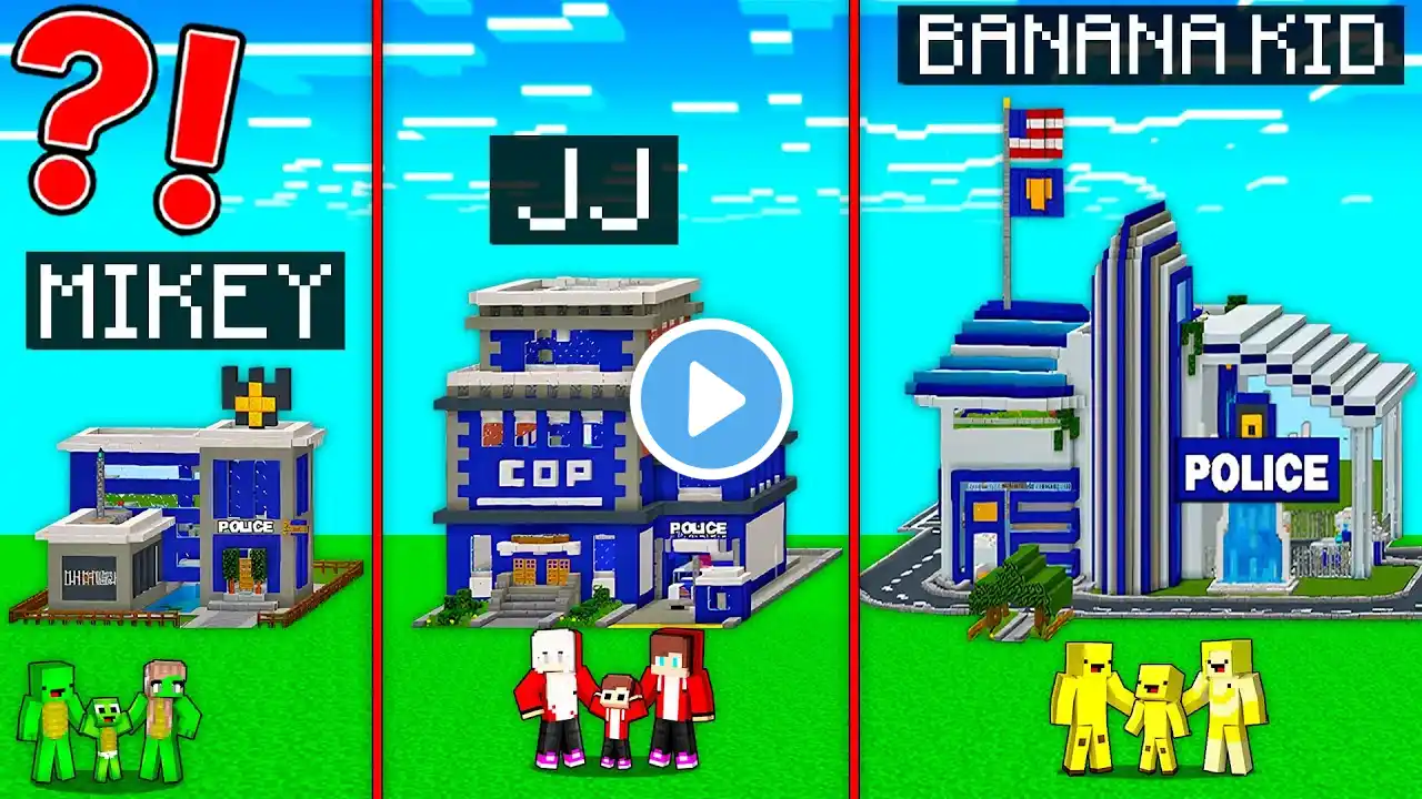 JJ Family vs Mikey Family vs Banana Kid Family POLICE STATION Survive Battle in Minecraft Maizen!