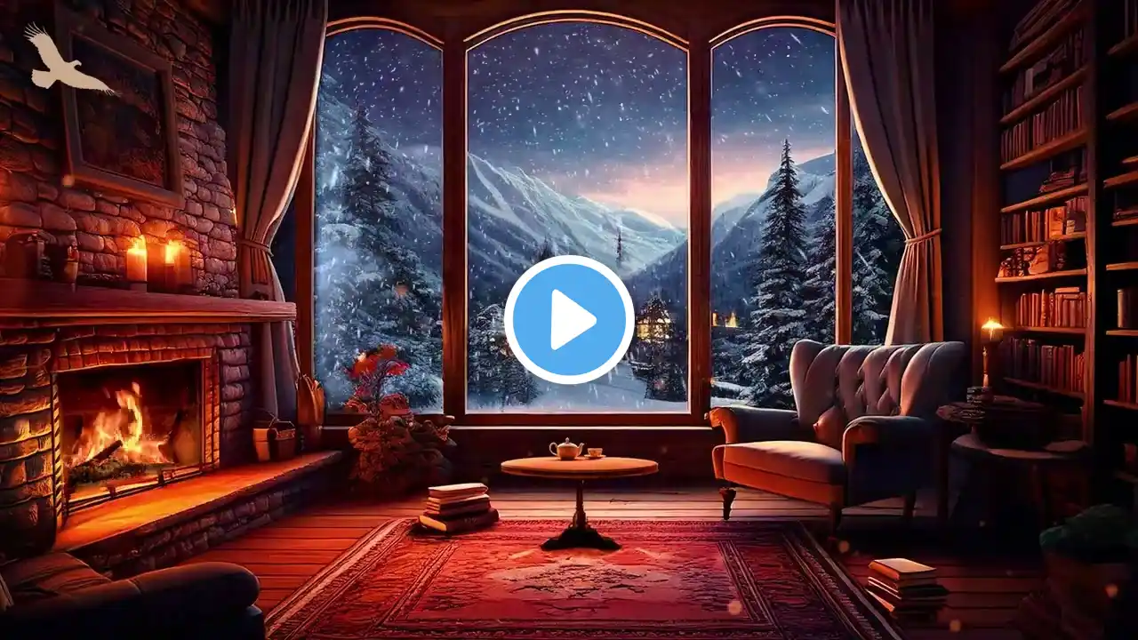 Cozy Library Ambience with Fireplace Noises ❄️Winter Cabin in Snow Storm, Library Night in the Woods