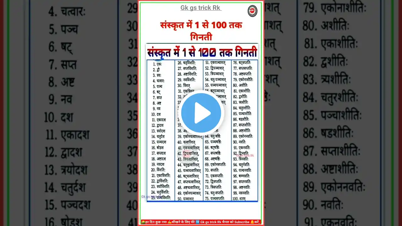 Sanskrit counting 1 to 100 || संस्कृत गिनती 1 से 100 तक || 1 se 100 tak Sanskrit ginti #sanskrit