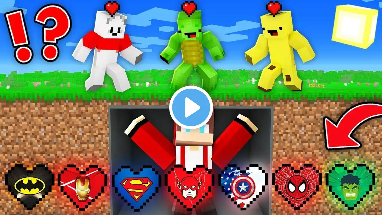 SUPERHERO HEARTS Speedrunner vs Hunters : JJ vs Mikey, Banana Kid and Carrie in Minecraft Maizen!