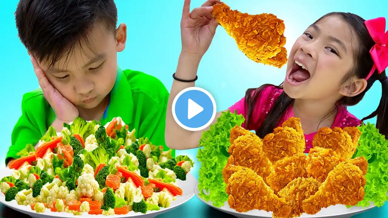 Emma and Jannie Eat and Cook Healthy Food  | Funny Food Toys Video for Kids