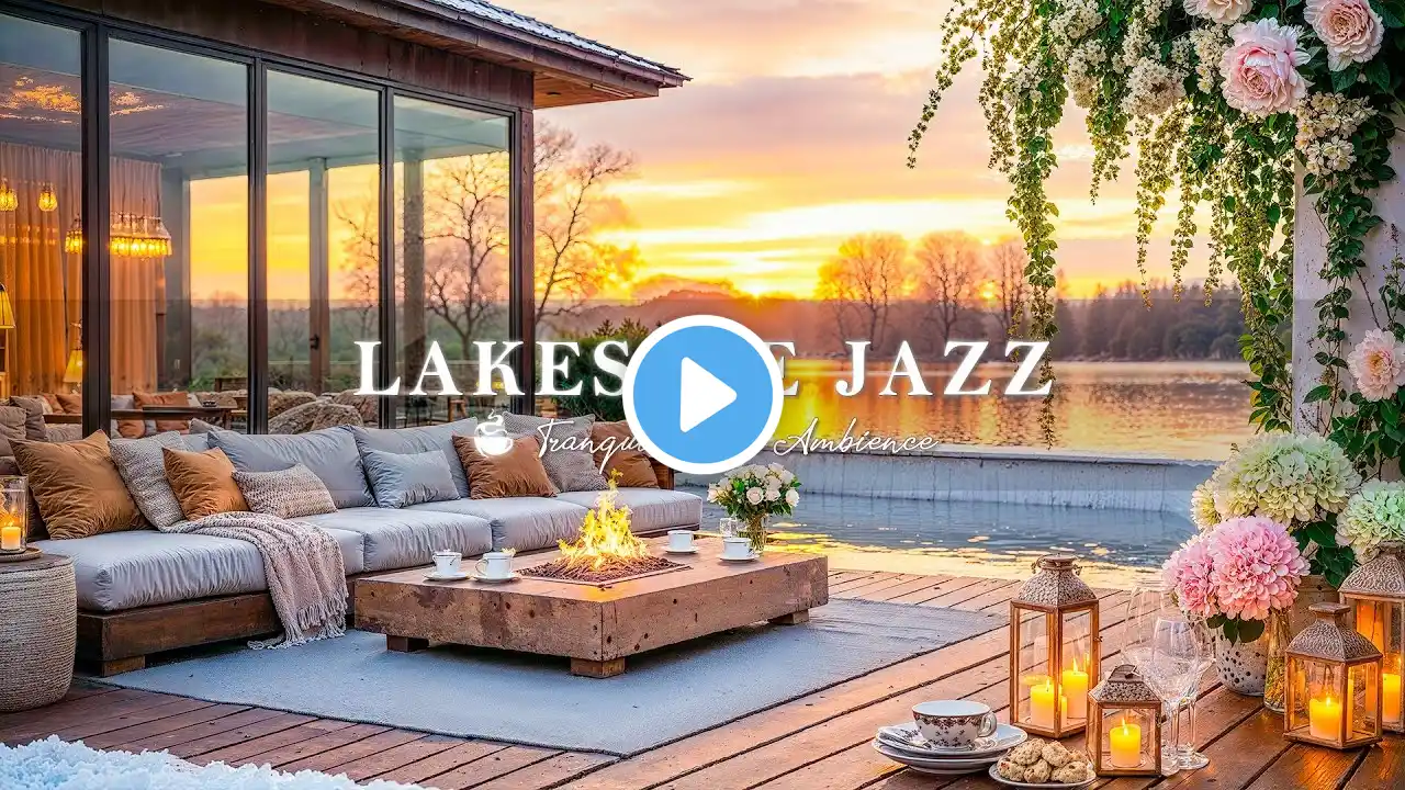 Lakeside Jazz Porch Ambience | Beautiful Sunset In Lakeside With Cozy Fireplace For Relief Stress