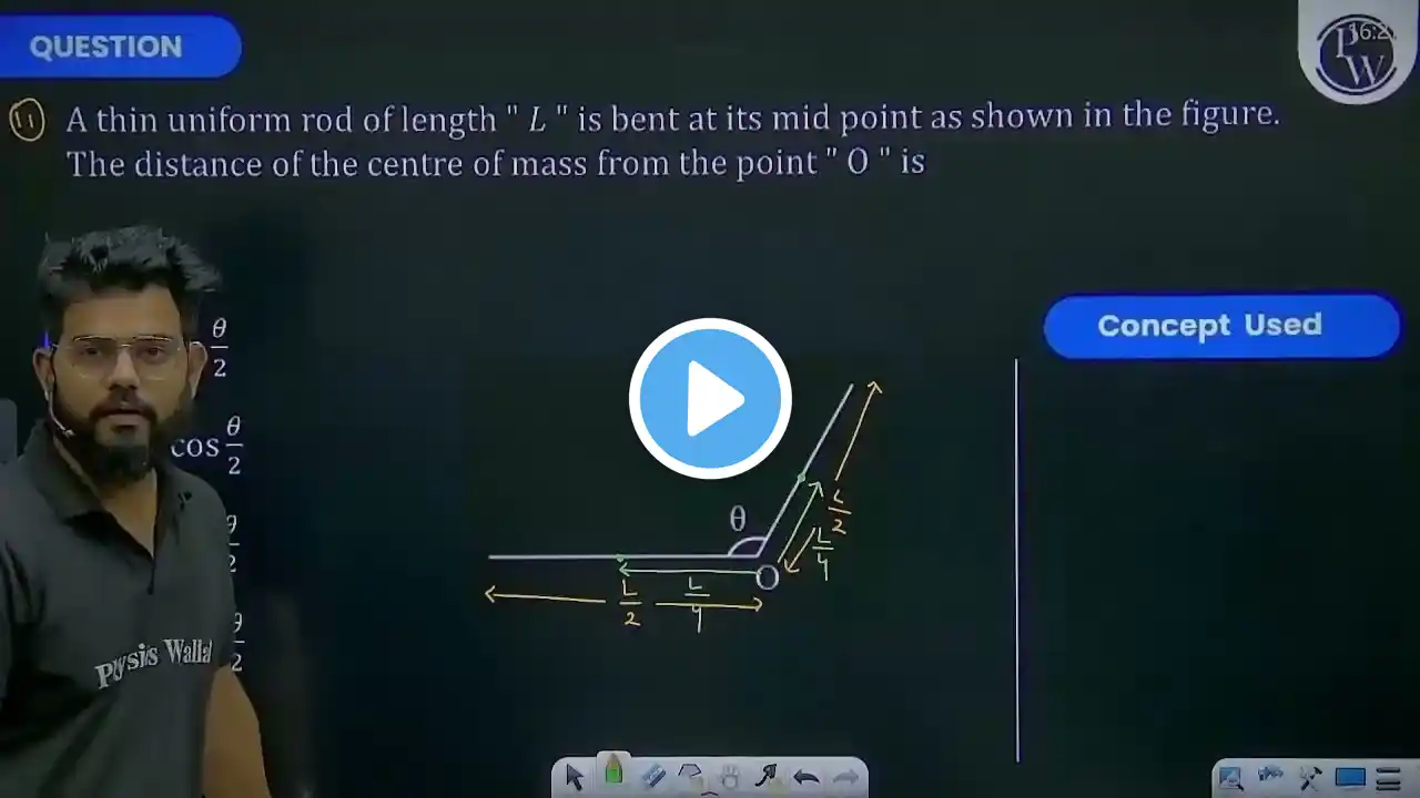 A thin uniform rod of length "L" is bent at its mid point as shown in the figure. The distance o....