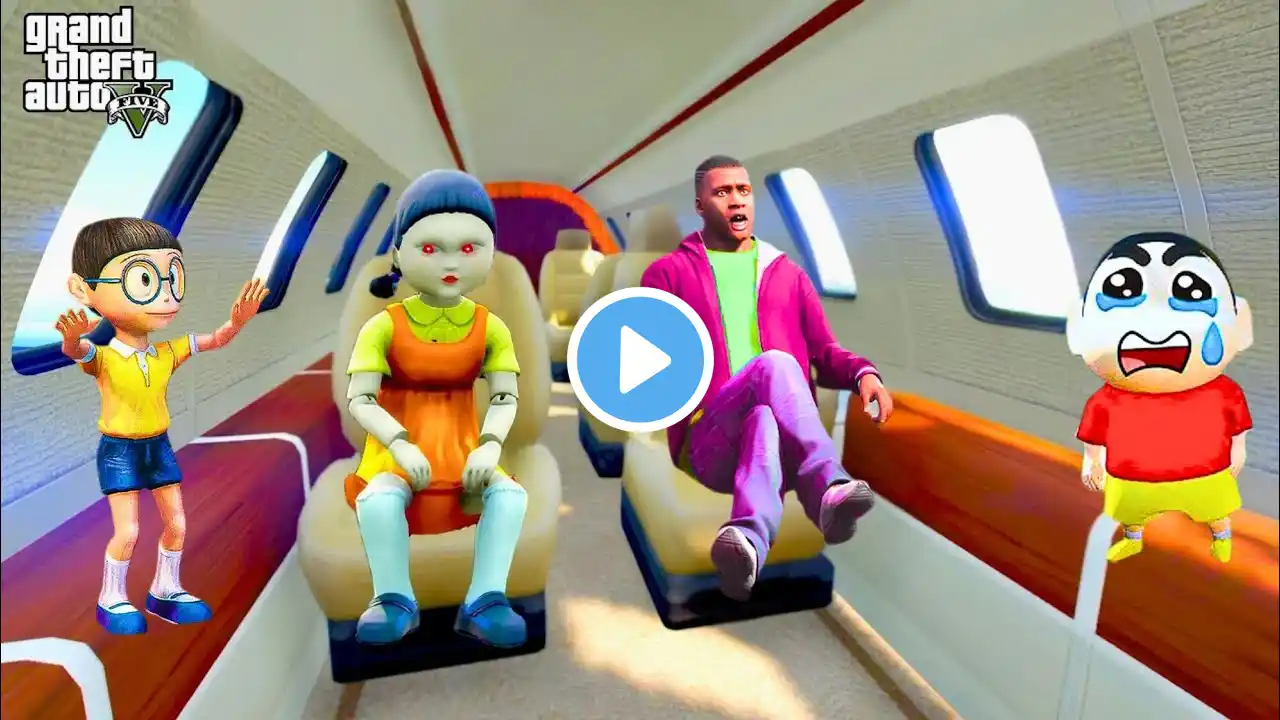 GTA V : Shinchan & Franklin Enjoying First Flight With Squid Game Doll In Gta 5 in Telugu