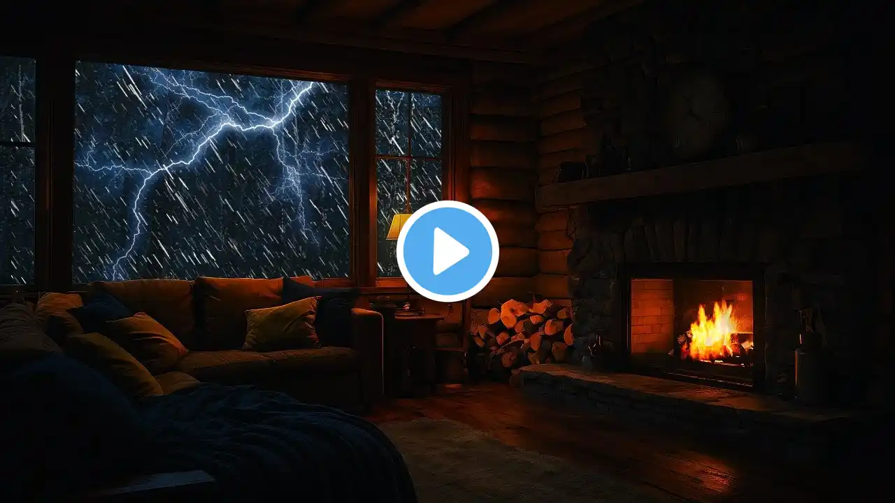 Cozy Cabin Ambience with Fireplace at Night an Rainfall for Relaxation and Deep Sleep