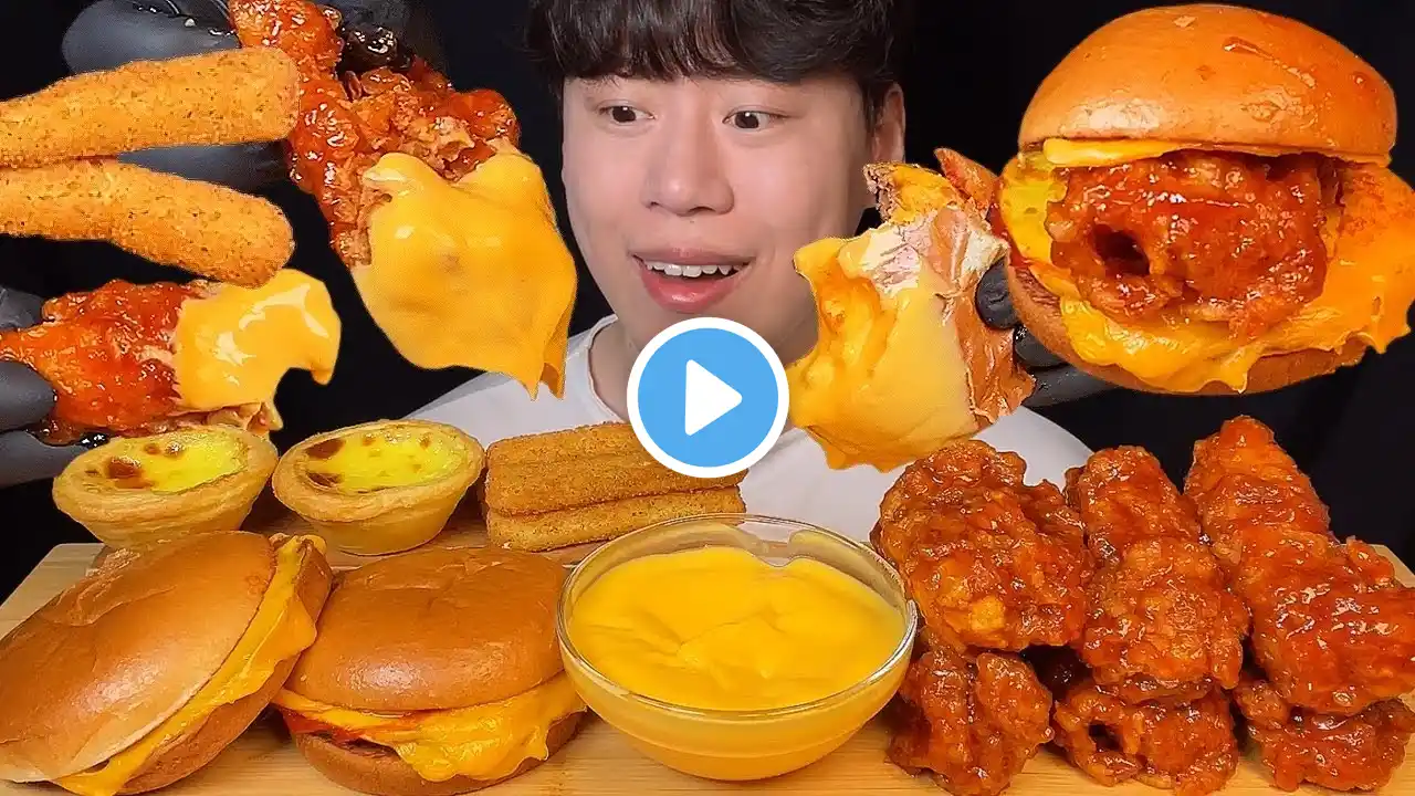 SUB) Korean seasoned fried chicken, cheese burger, cheese stick, egg tart mukbang asmr