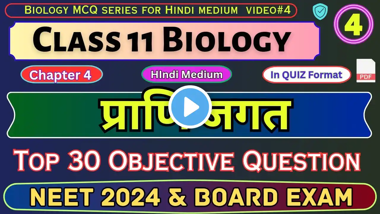 प्राणि जगत | Biology Class 11 chapter 4 Objective Questions | #4 Biology MCQ in Hindi | NEET 2024