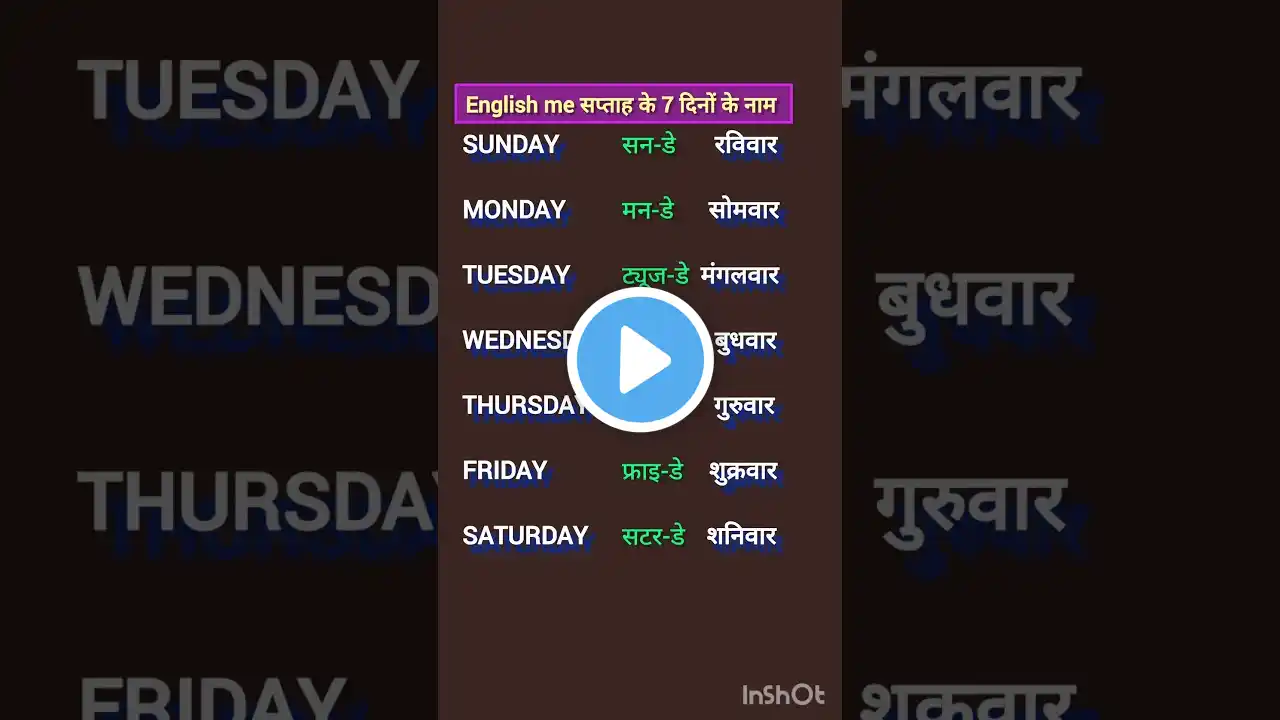 days name in English and Hindi Dino me |Sunday Monday Tuesday |सप्ताह के सात दिनों के नाम English me