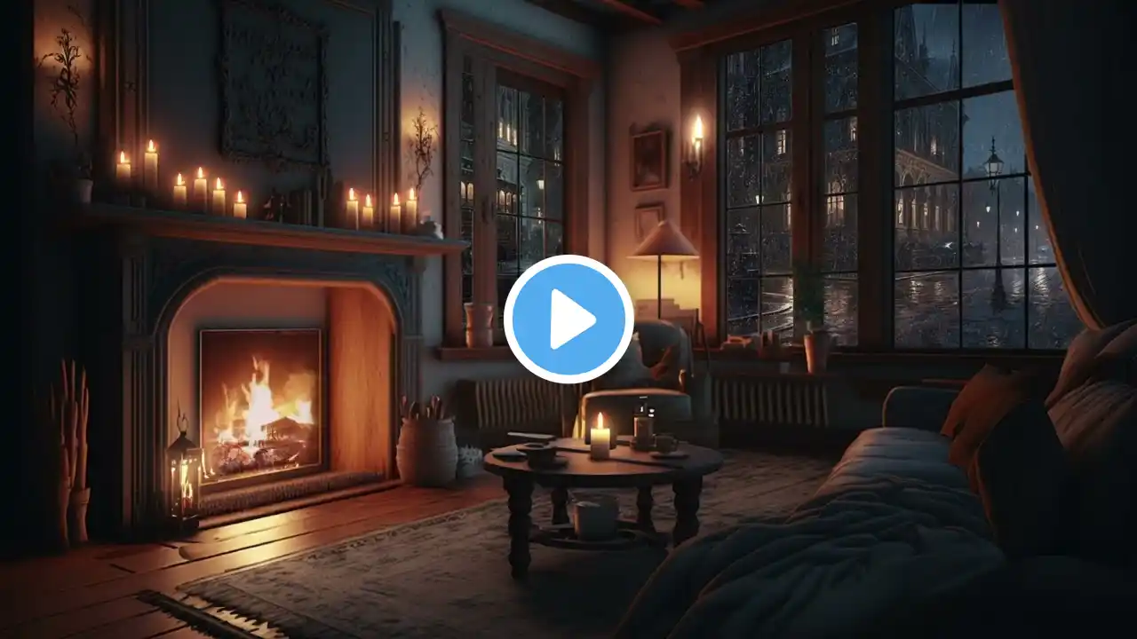 Rainy Night At City in Cozy Room with soft jazz Music🎶 for sleep💤😴 Heavy Rain 🌧️ fireplace Sound
