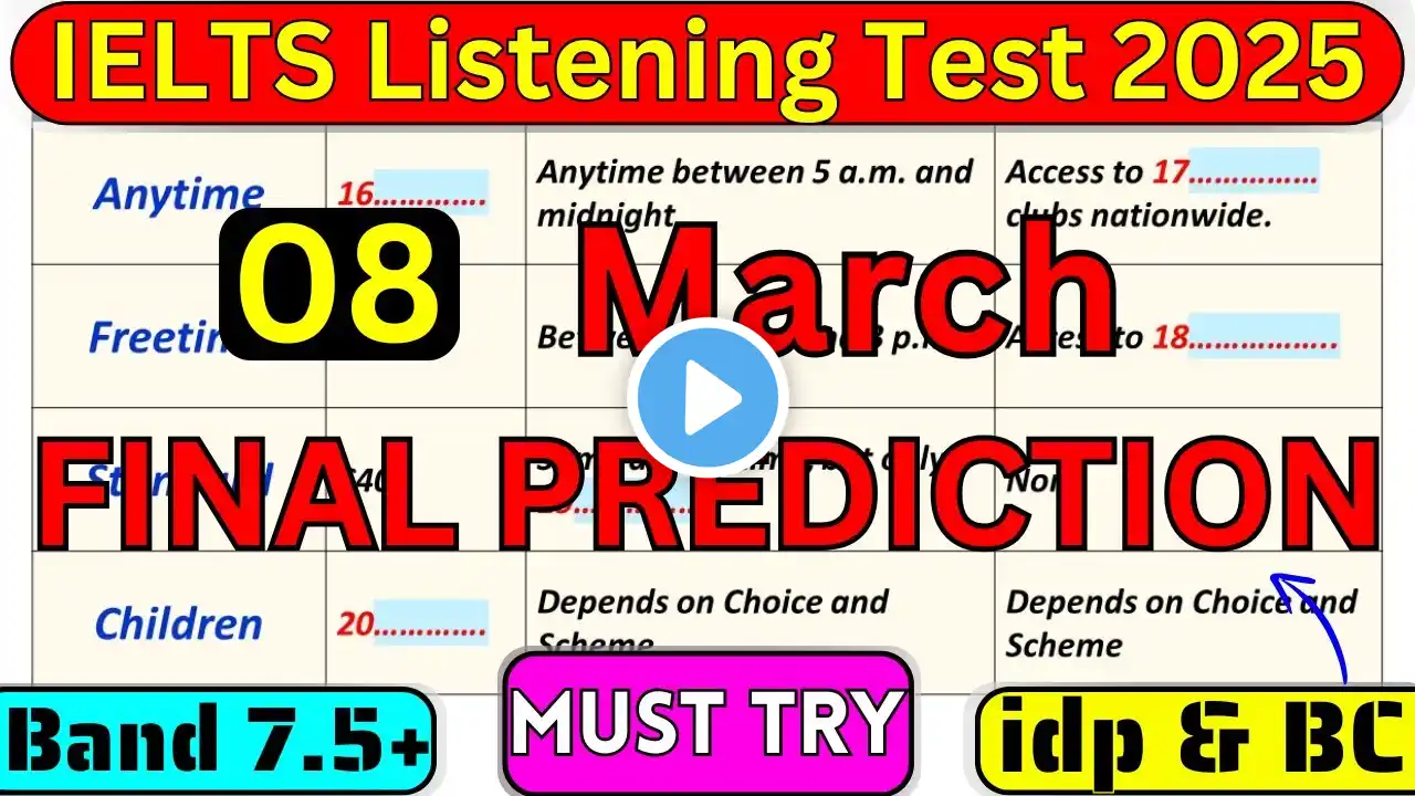 08 March 2025 IMPORTANT IELTS LISTENING TEST WITH ANSWER KEY | IELTS | BC & IDP