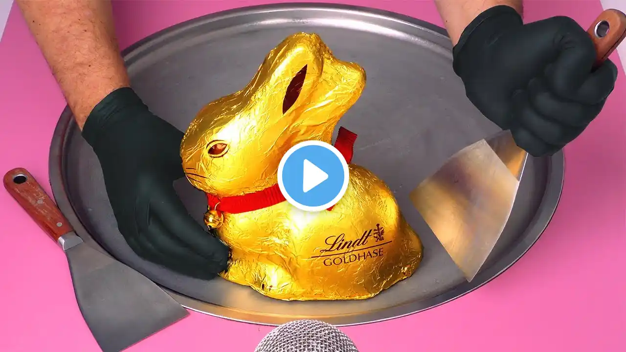 Giant Lindt Gold Bunny becomes Chocolate Ice Cream Rolls - can you find all hidden Eggs? Easter ASMR