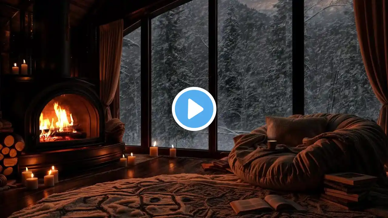 Warm and Cozy Winter Haven: Fireplace and Snowfall Outside Window for Relaxation and Comfort