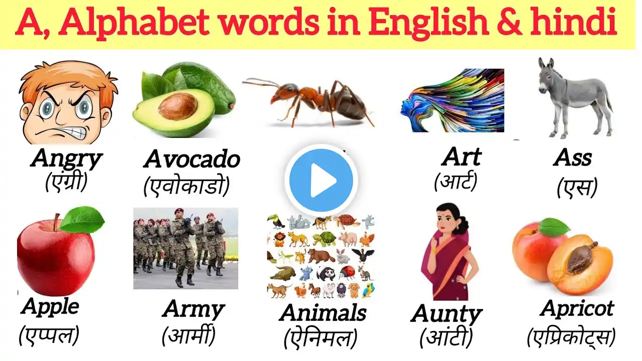 A, Alphabet words in English and hindi with picture/A, Alphabet words meaning, common sense