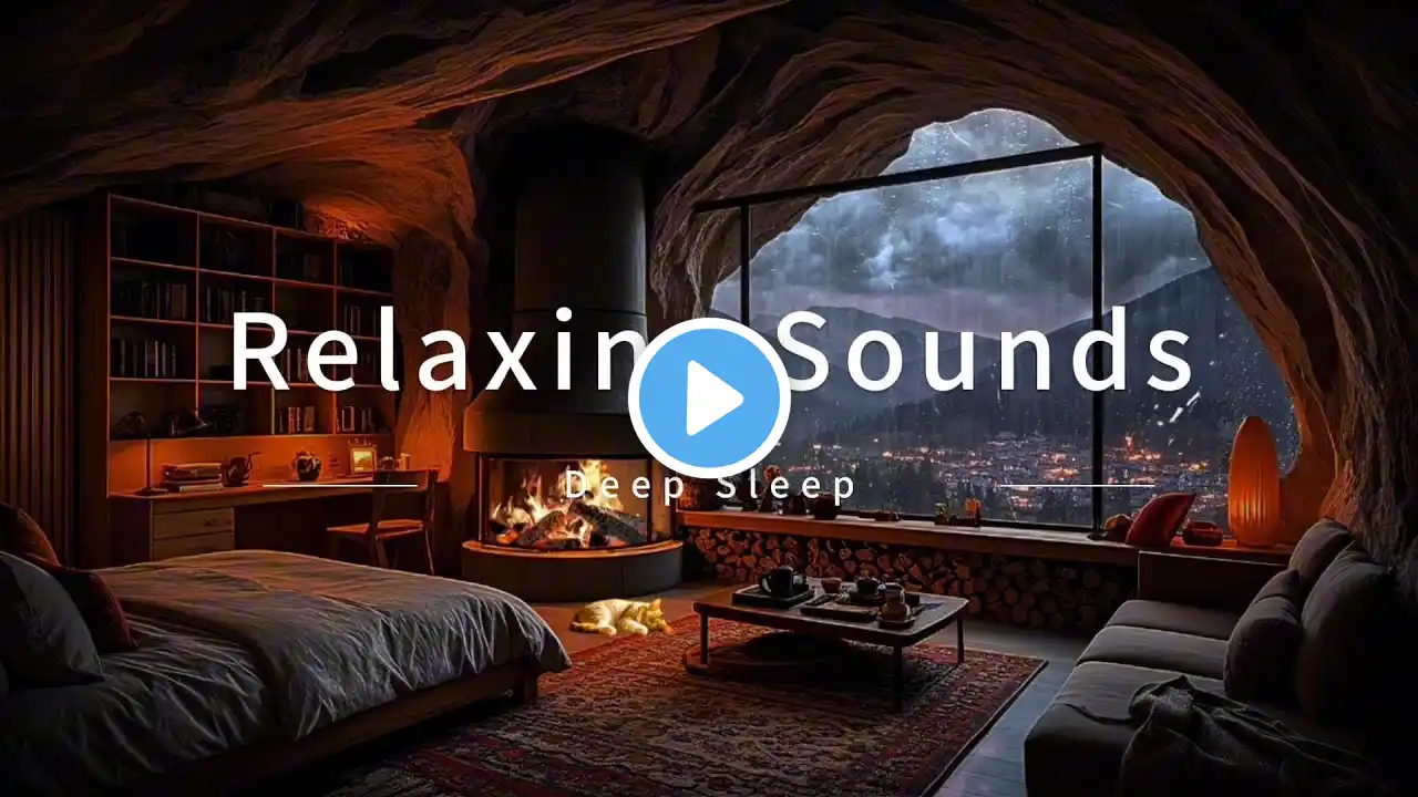 Fireplace crackling and rain 🌧️ in a cave room—peaceful solitude to cleanse the soul. ASMR.