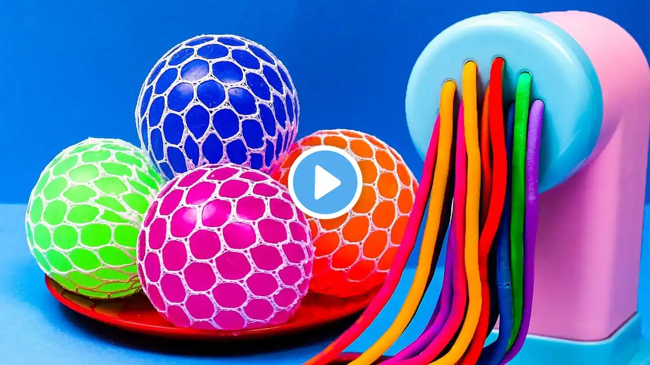 4 colors squishy balls and Play Doh Pasta Spaghetti Making Toy