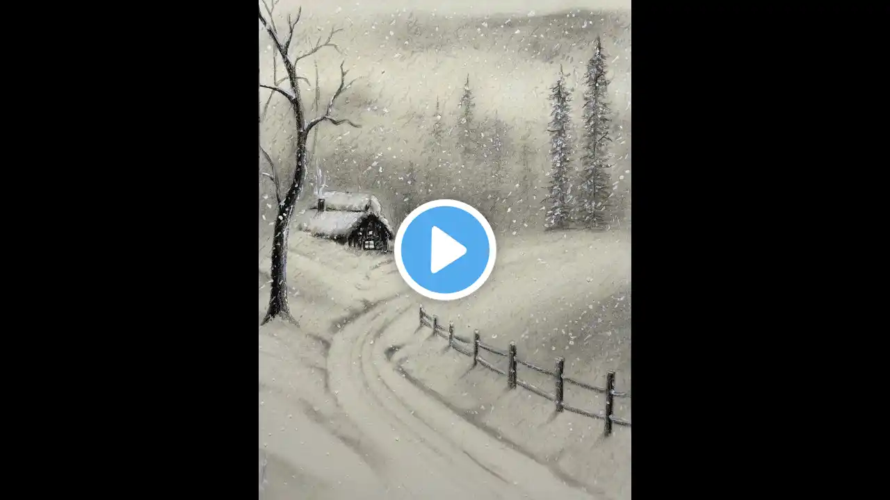 Simple Winter Landscape Drawing: Snowy Cabin & Trees Tutorial | Charcoal & Acrylic Art for Beginners