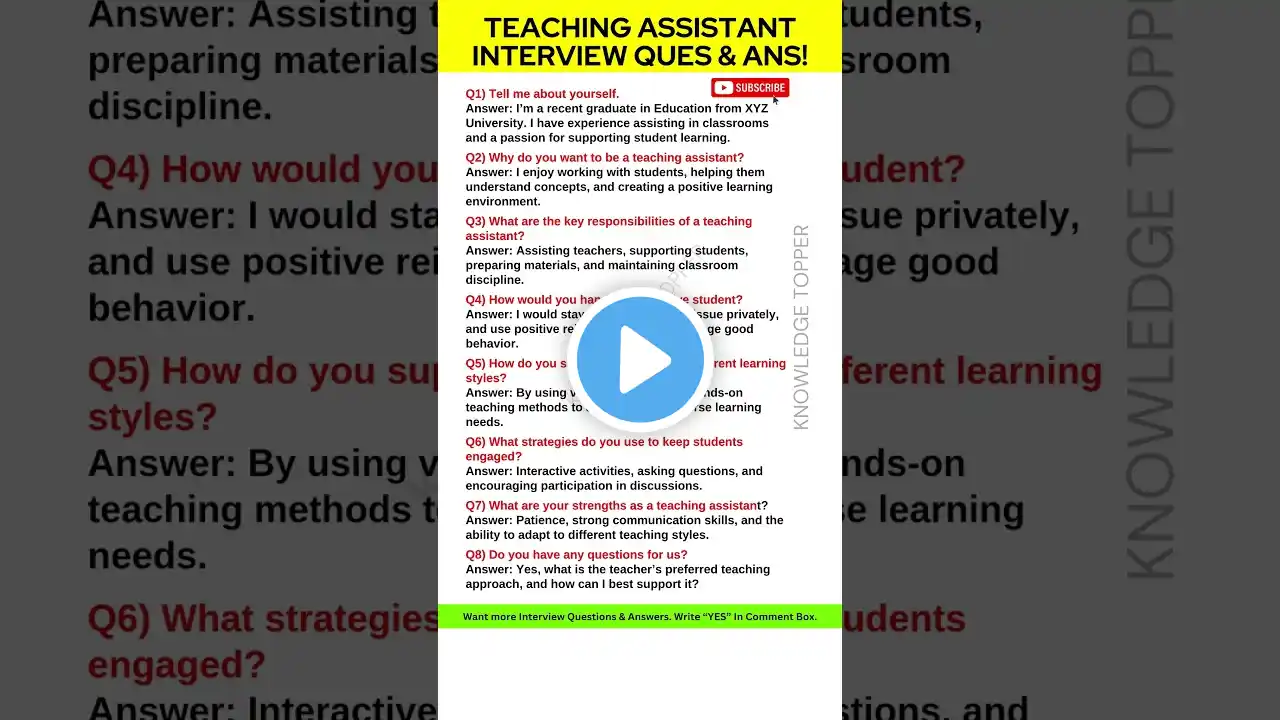 Teaching Assistant Interview Questions and Answers | Teacher Assistant Interview Questions