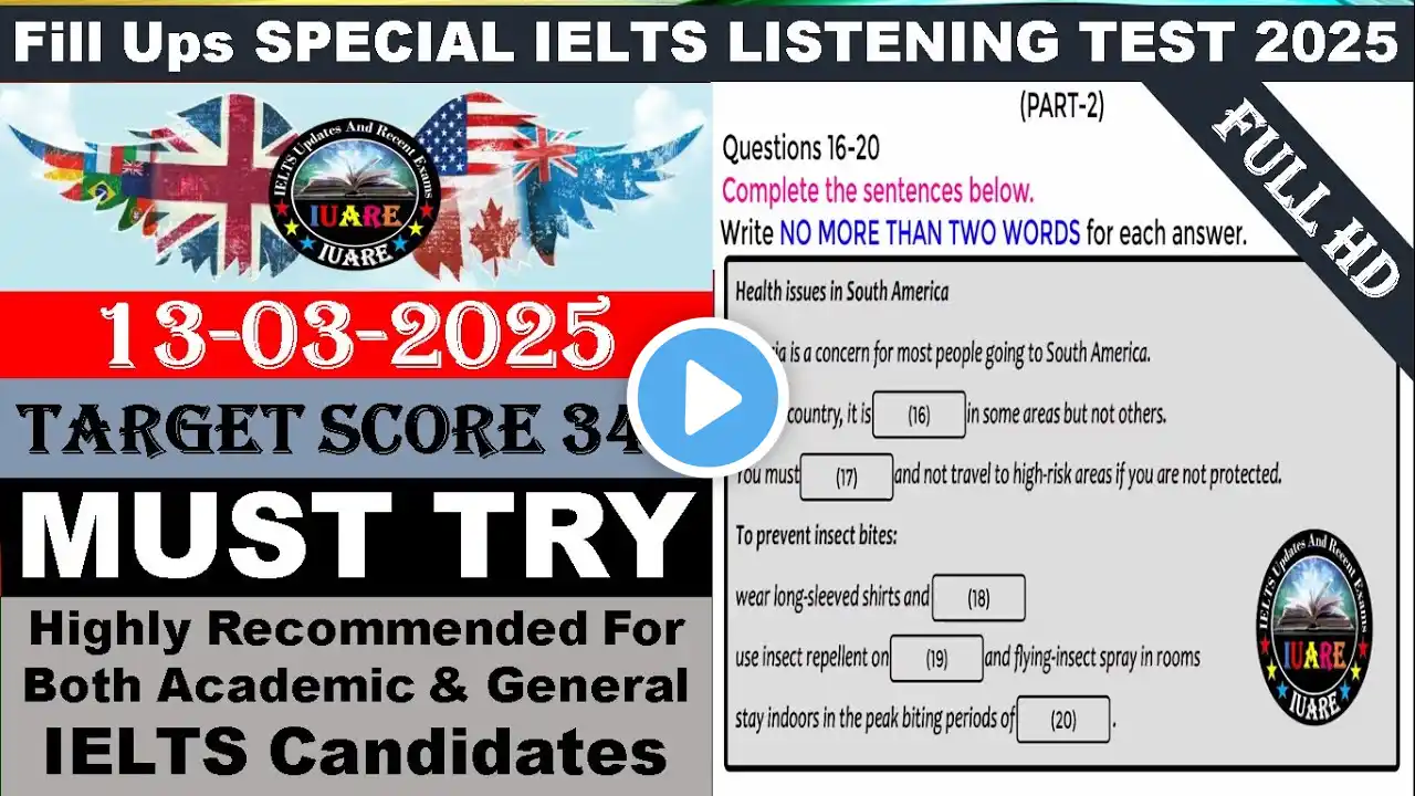 Fill Ups Special IELTS Exam Listening Test With Answers | IELTS Listening Test 2025 | 13-03-2025