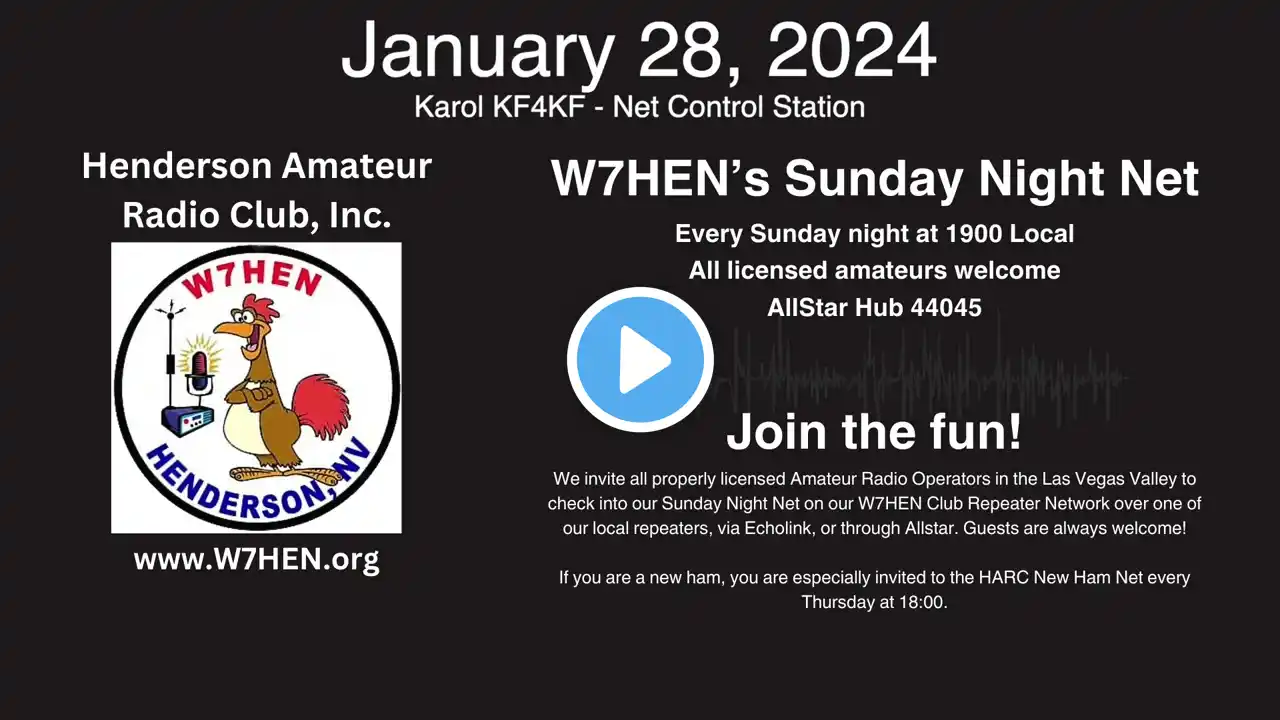 January 28, 2024 Weekly Sunday Night Net