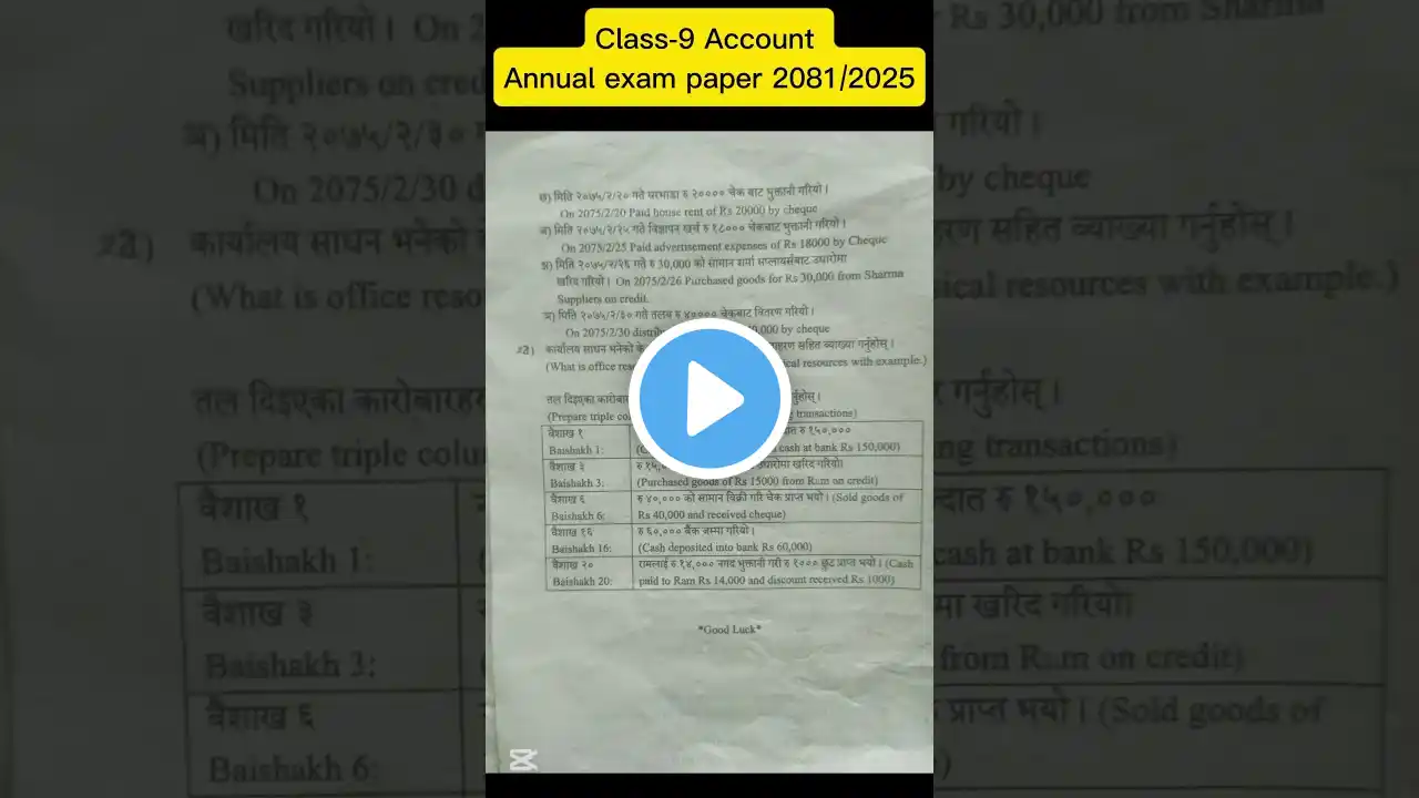 Class 9 Account Annual exam questions paper 2081/2025