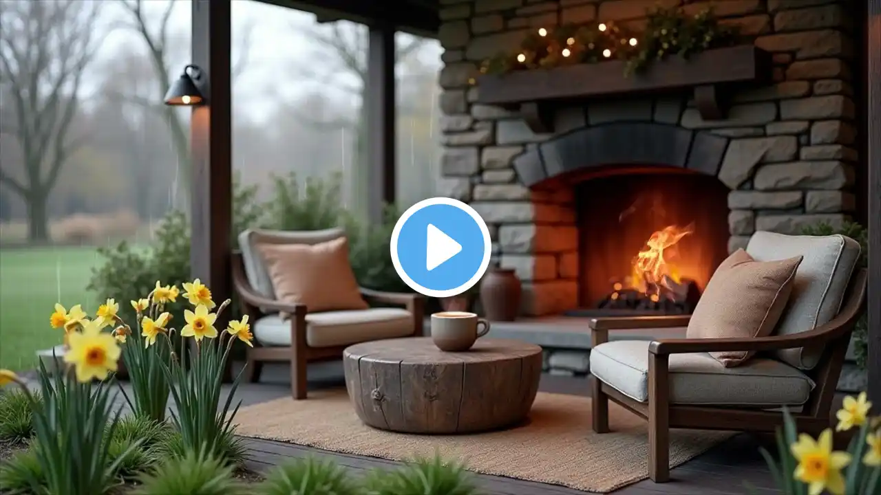 🌧️ Rainy Porch Ambience | Cozy Fireplace, Soft Rain & Blooming Spring Flowers | 2 Hours No Ads 🌿🔥