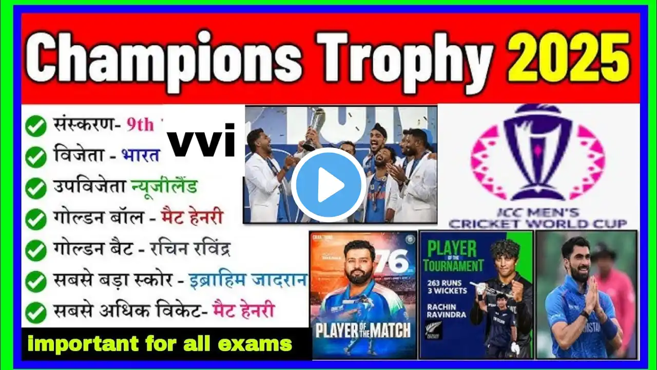 ICC champions trophy 2025 || ICC चैंपियंस ट्रॉफी!IMPORTANT MCQ QUESTIONS FOR ALL COMPATITIVE EXAMS