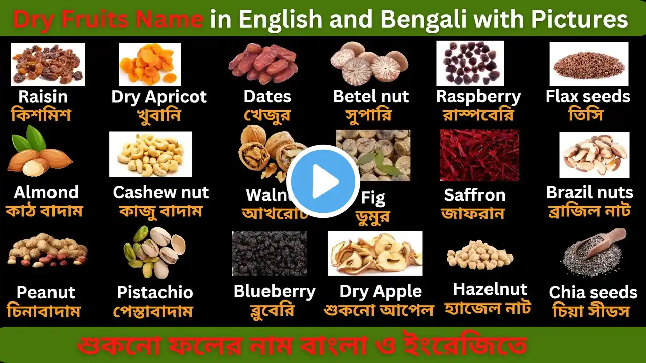 Dry Fruits Name – English Vocabulary – Name of Dry Fruits in Bengali and English with Pictures