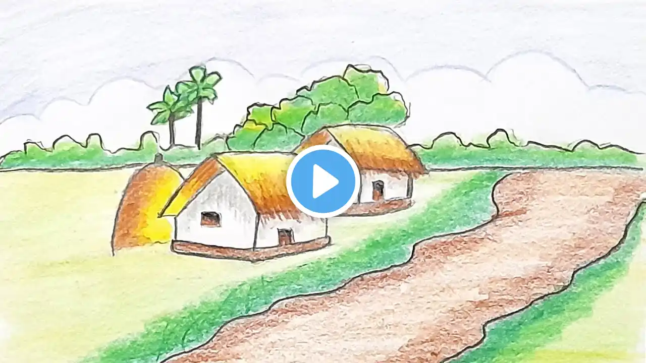 How to draw a village scenery easy step by step