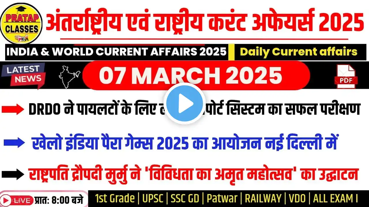 07 MARCH 2025 India & World Current Affairs in Hindi || Rpsc, Upsc ,1st Grade, Patwar, RAILWAY, SSC