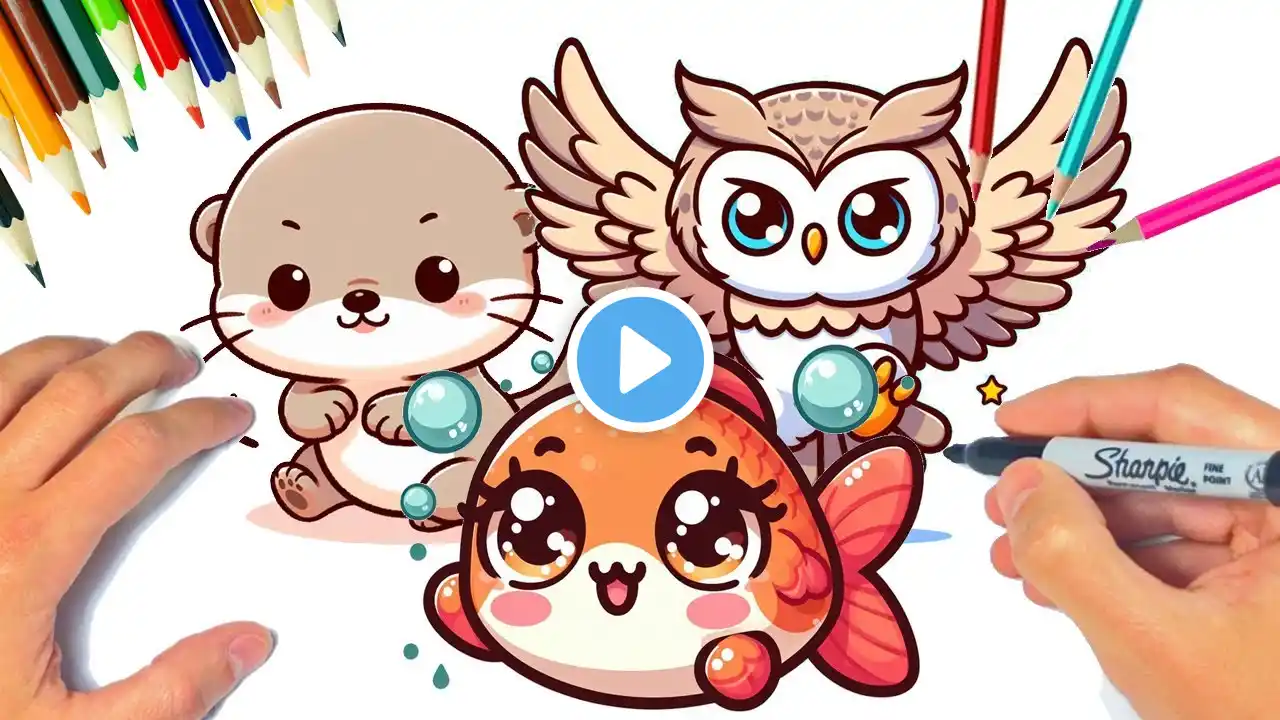 How to Draw a FISH, an OTTER and an OWL KAWAII | EASY Drawing for CHILDREN | KAWAII