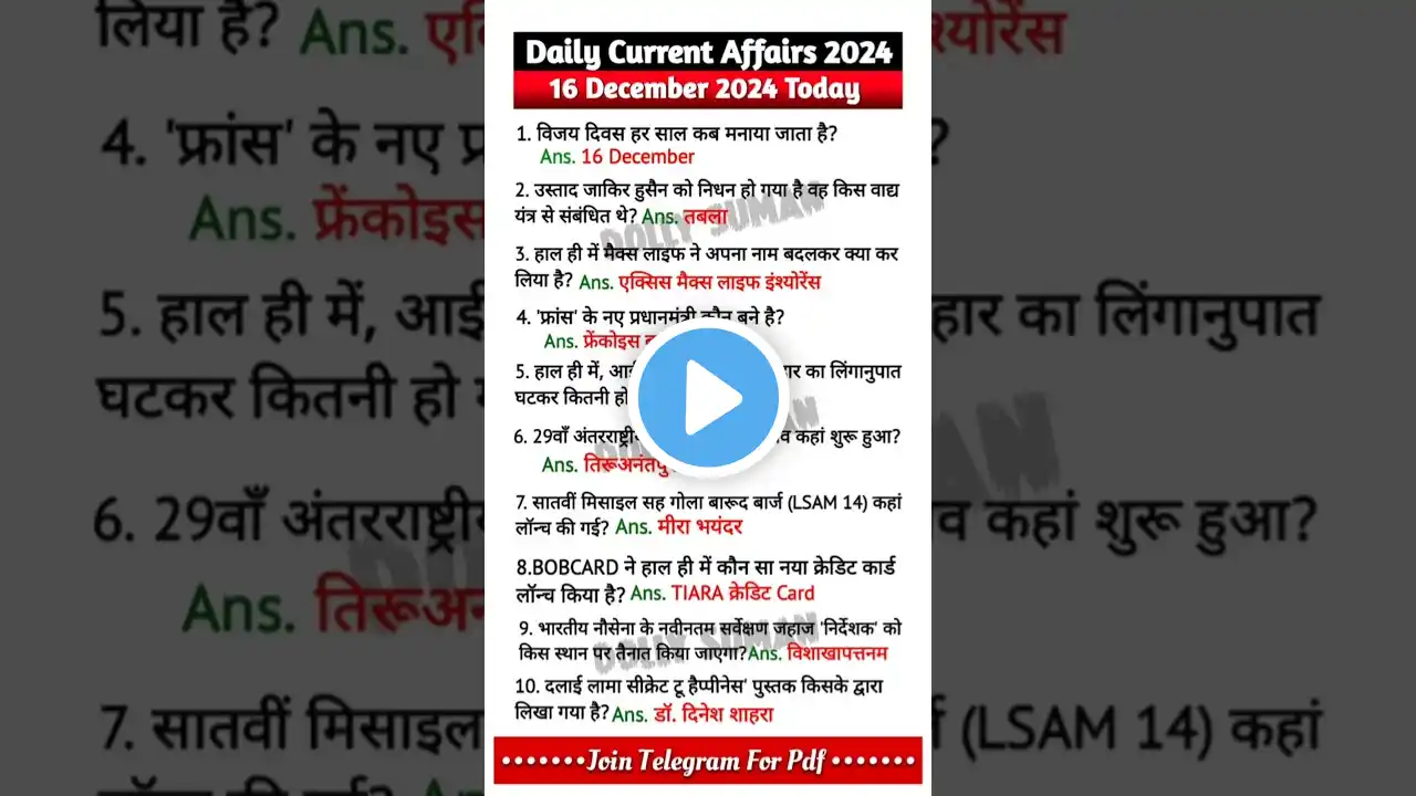 16 दिसंबर करेंट अफेयर्स 2024|Current Affairs Today #currentaffairs #currentaffairstoday #ssc #shorts