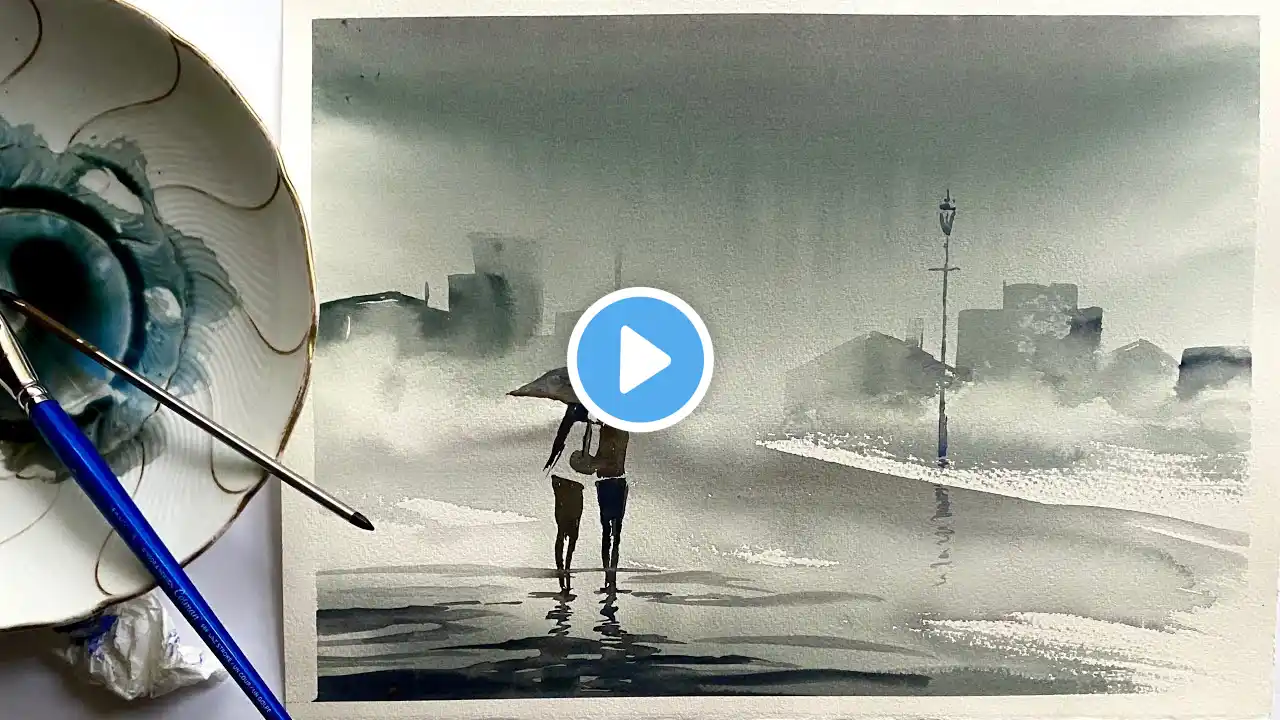 USE UP OLD PAINT! Rain & REFLECTIONS, Misty Loose Watercolor Landscape Painting Watercolour Demo