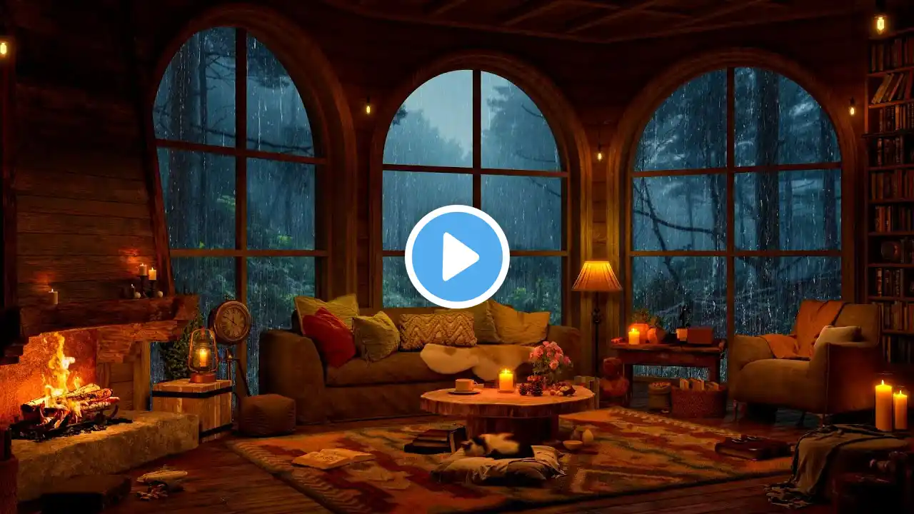 Smooth Jazz Music w/ Crackling Fireplace - Rain on Window at Cozy Cabin Ambience for Peaceful Night