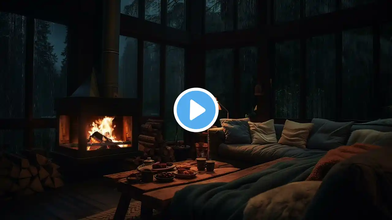 Dark Stormy Night Deep in the Forest 4K - Relaxing Thunderstorm and Fireplace Ambience