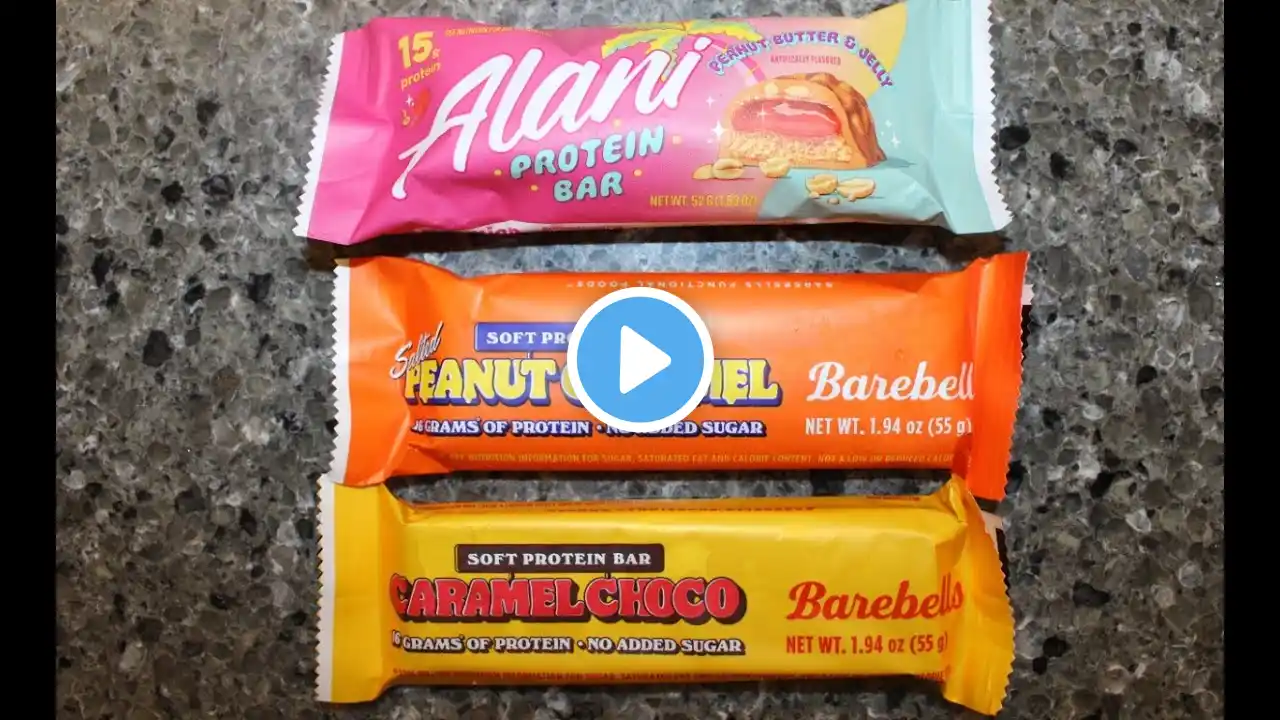 Protein Bars: Alani Peanut Butter & Jelly, Barebells: Salted Peanut Caramel & Caramel Choco