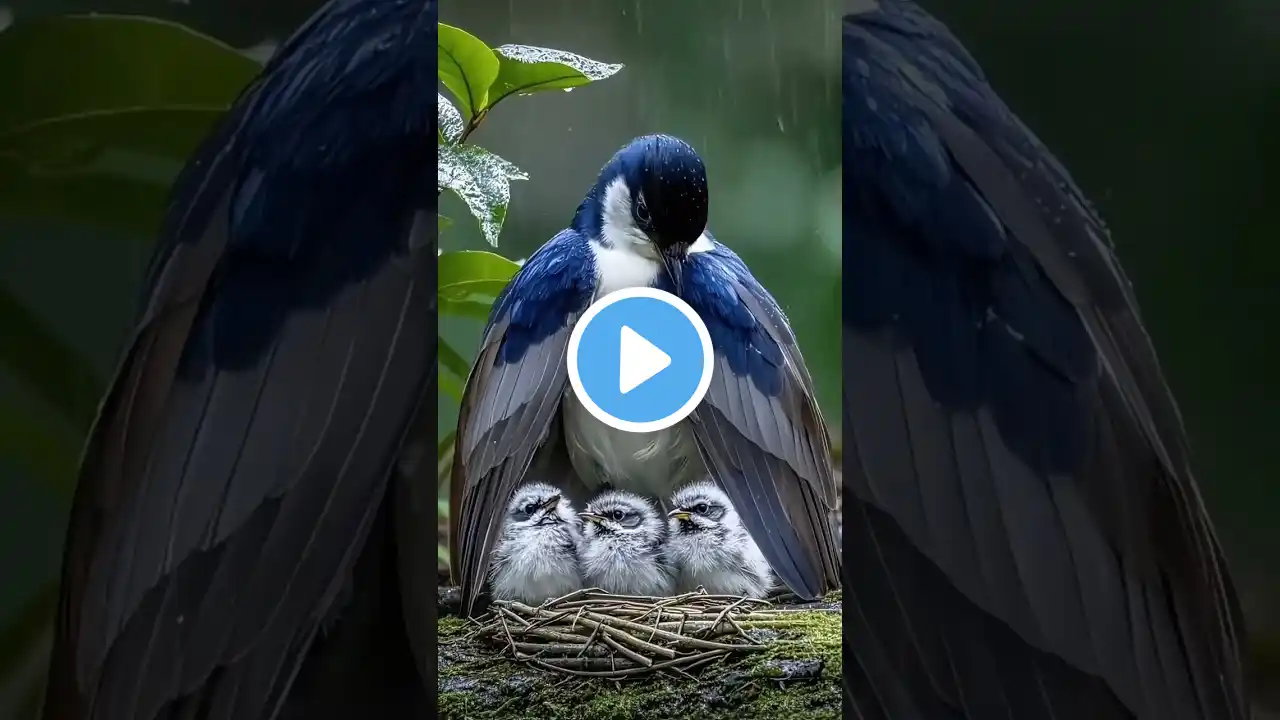 The mother bird tried her best to protect her three baby birds in the heavy rain #love #birdlife